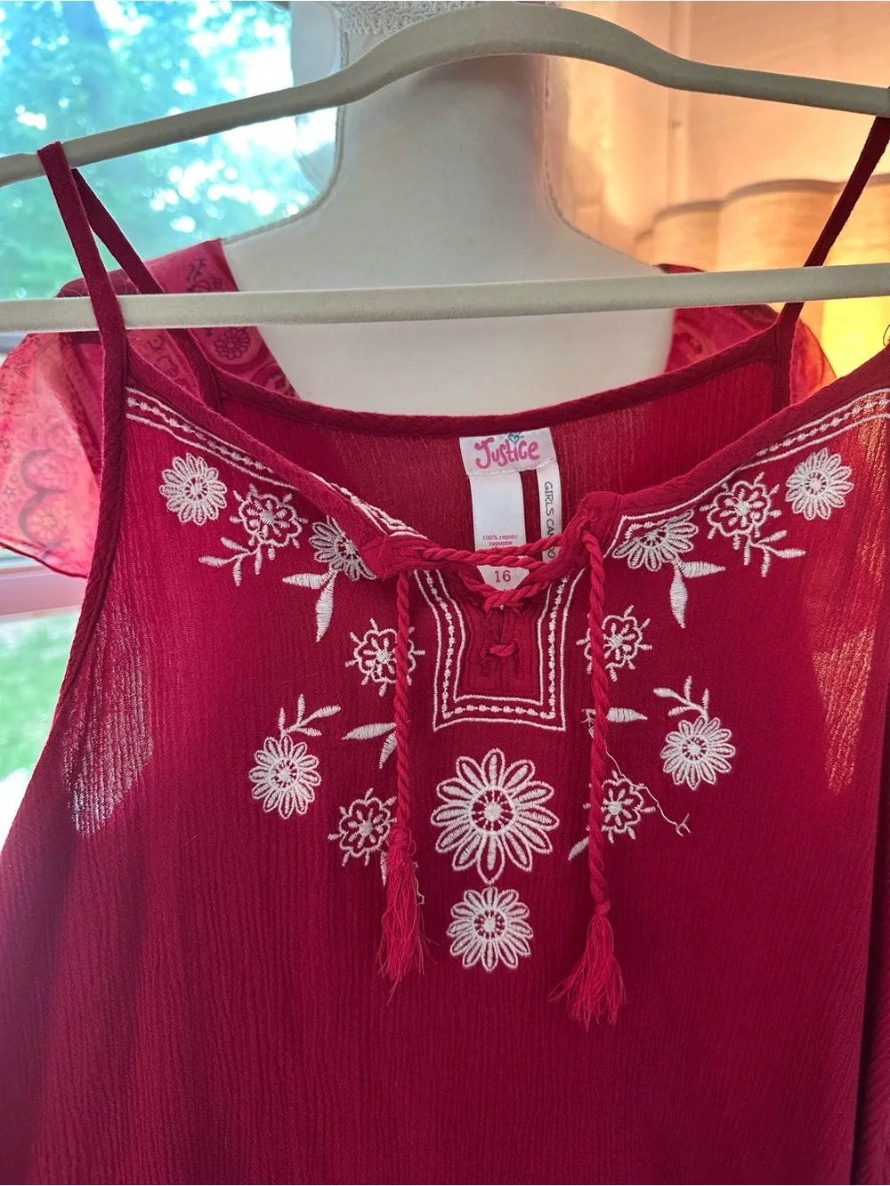 Justice Burgundy Spaghetti Strap Cami with White Embroidery
